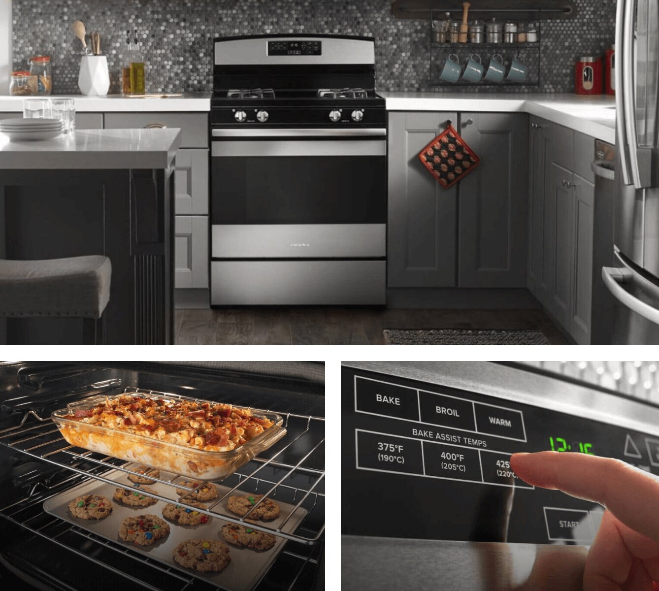 An Amana® range installed in a clean, fully stocked kitchen.