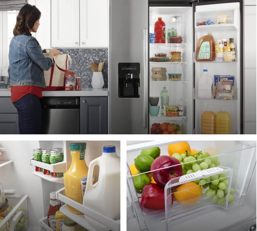 A woman emptying her shopping bag onto her kitchen counter.