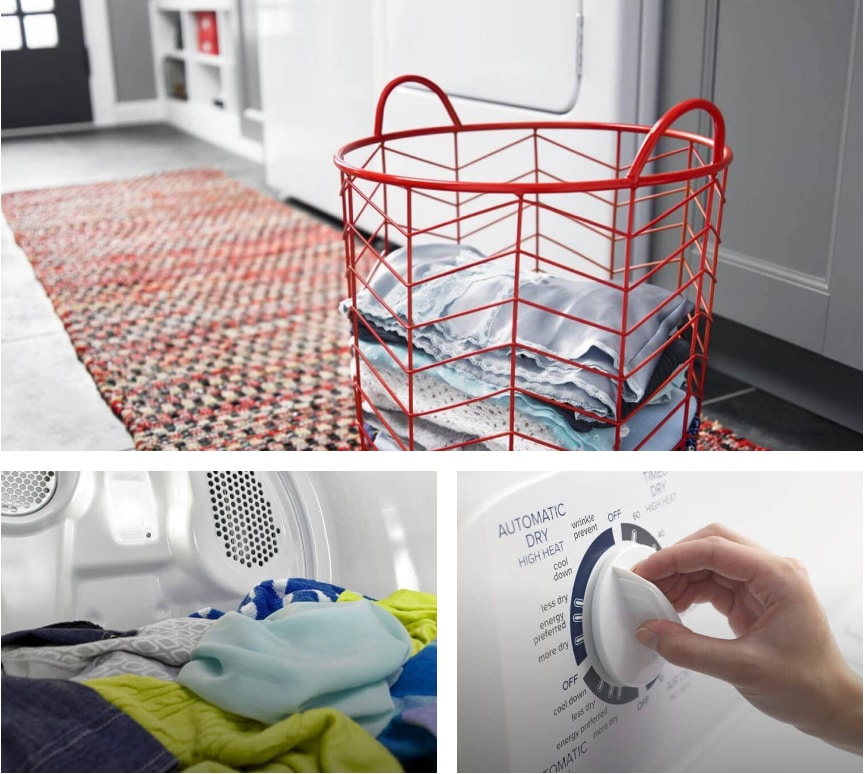 A red wire laundry basket on the floor of a laundry room filled with folded clothes.