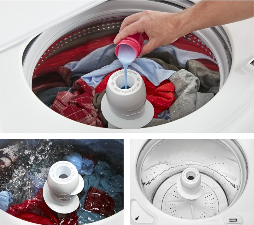 A person pouring fabric softener into the agitator of an Amana® washer.