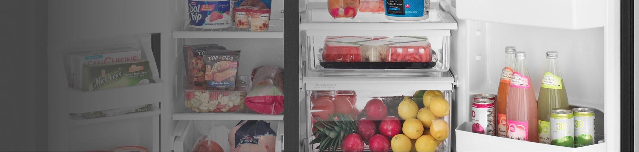 An Amana® refrigerator with both doors open.