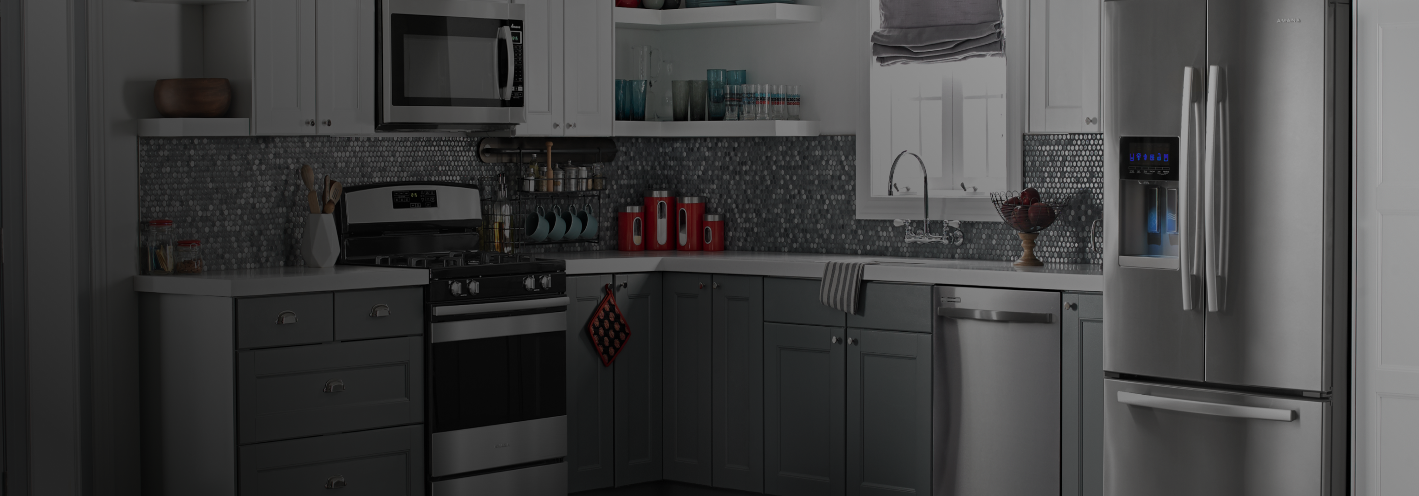 Bright kitchen with Amana appliances.