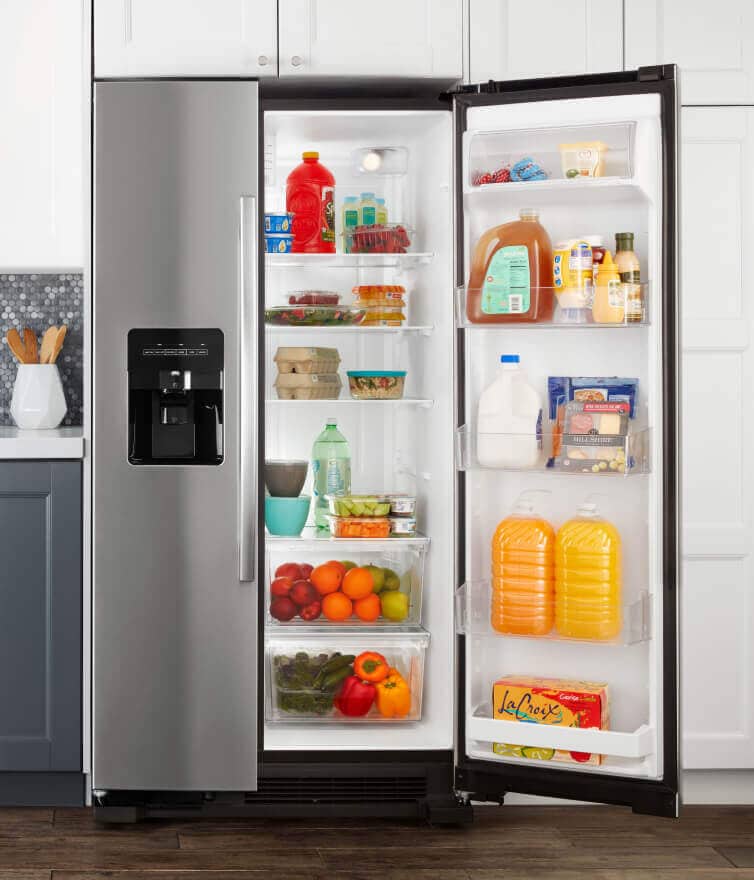 Amana® side-by-side refrigerator with door open