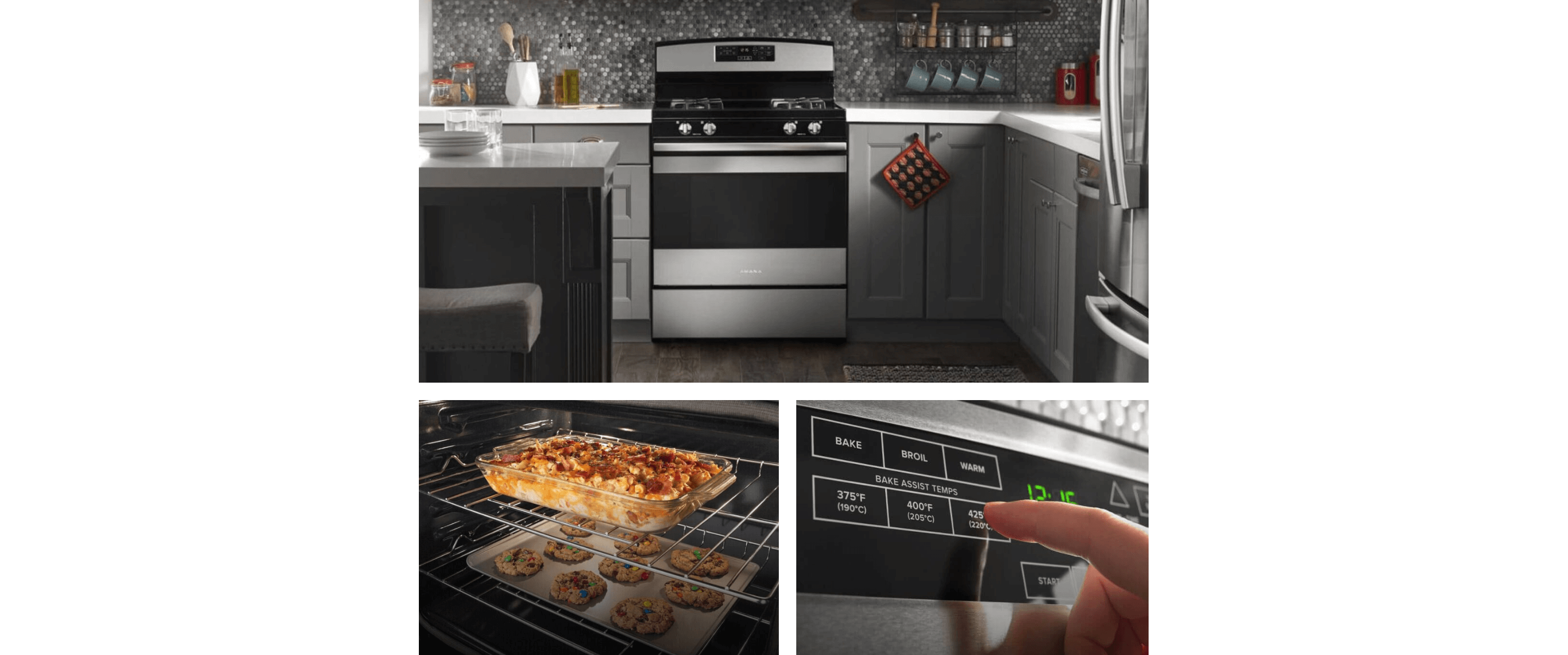 An Amana® range installed in a clean, fully stocked kitchen.