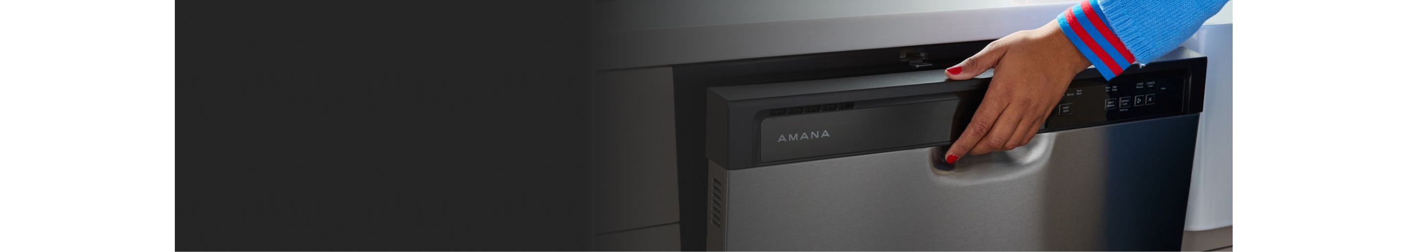 A person opening an Amana® dishwasher.