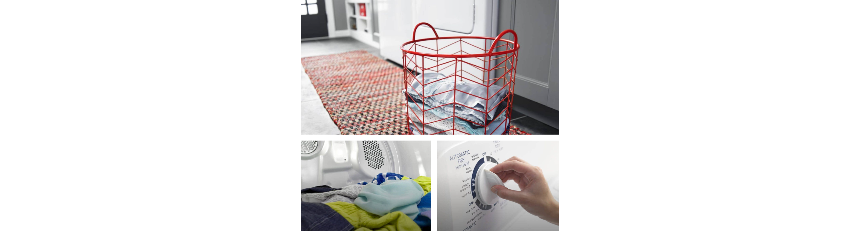 A red wire laundry basket on the floor of a laundry room filled with folded clothes.