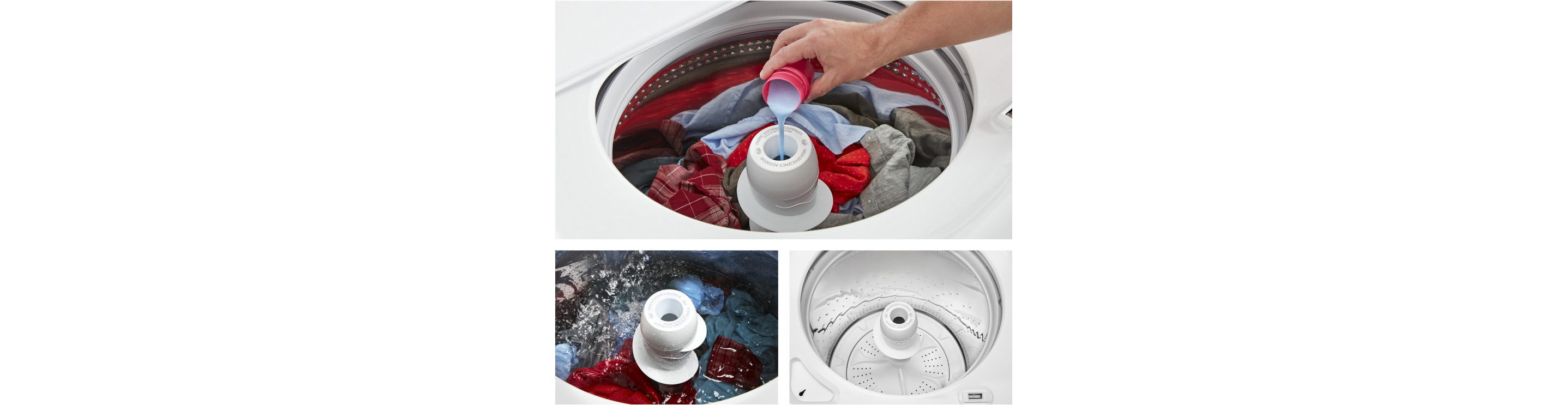 A person pouring fabric softener into the agitator of an Amana® washer.