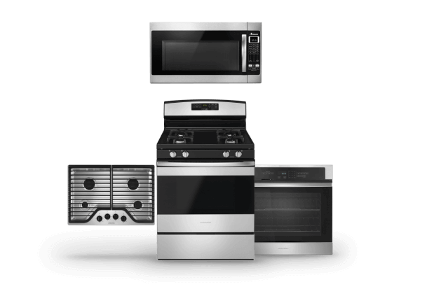 An Amana® Gas Range and Over-the-Range Microwave