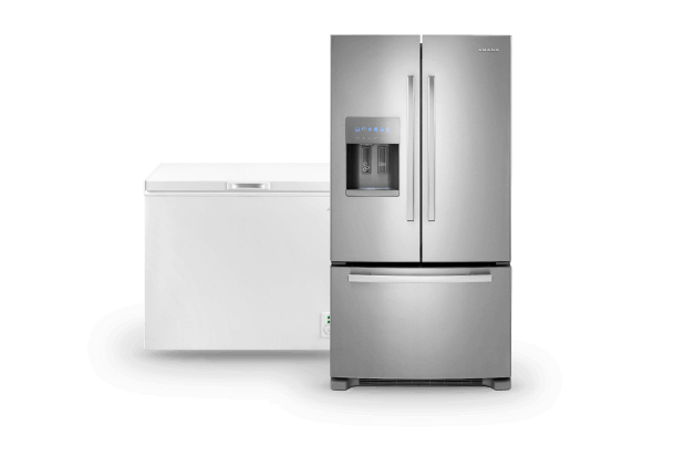 An Amana® Upright Freezer and Side-by-Side Refrigerator