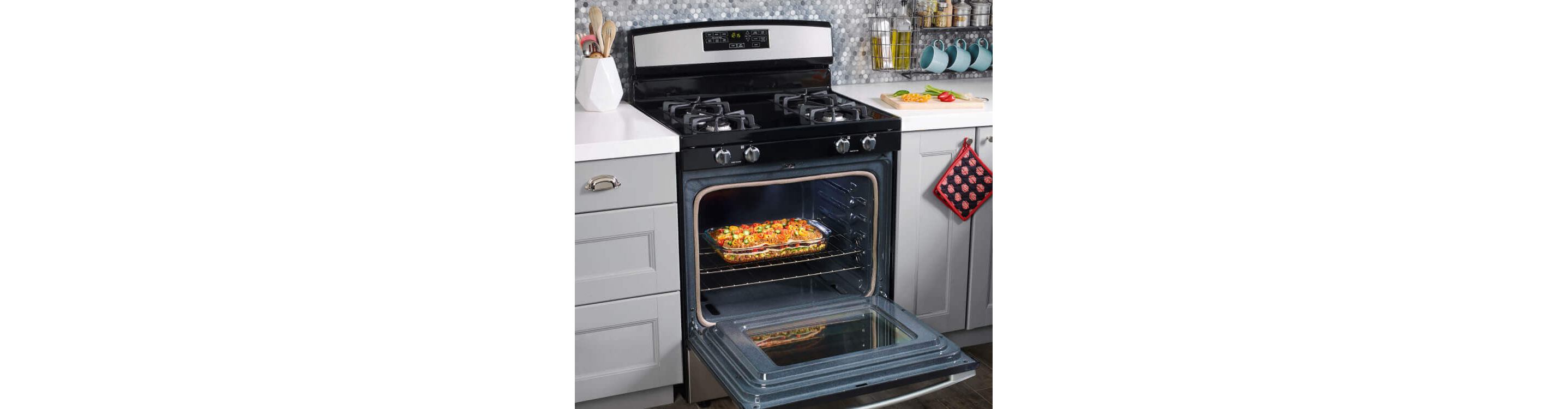 Amana® range oven with door open