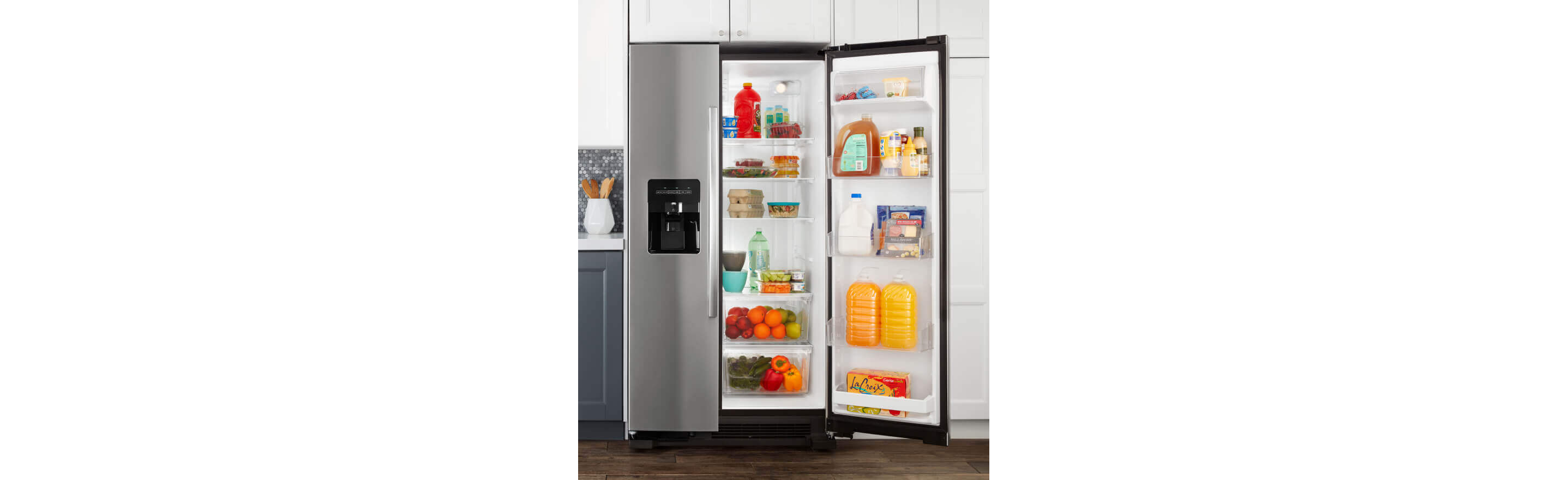 Amana® side-by-side refrigerator with door open